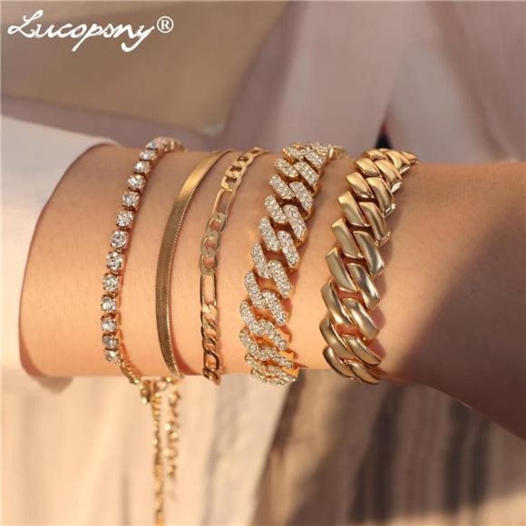 NEW 5 pcs Womens Gold Cuban Bracelets Set - Picture 2 of 5